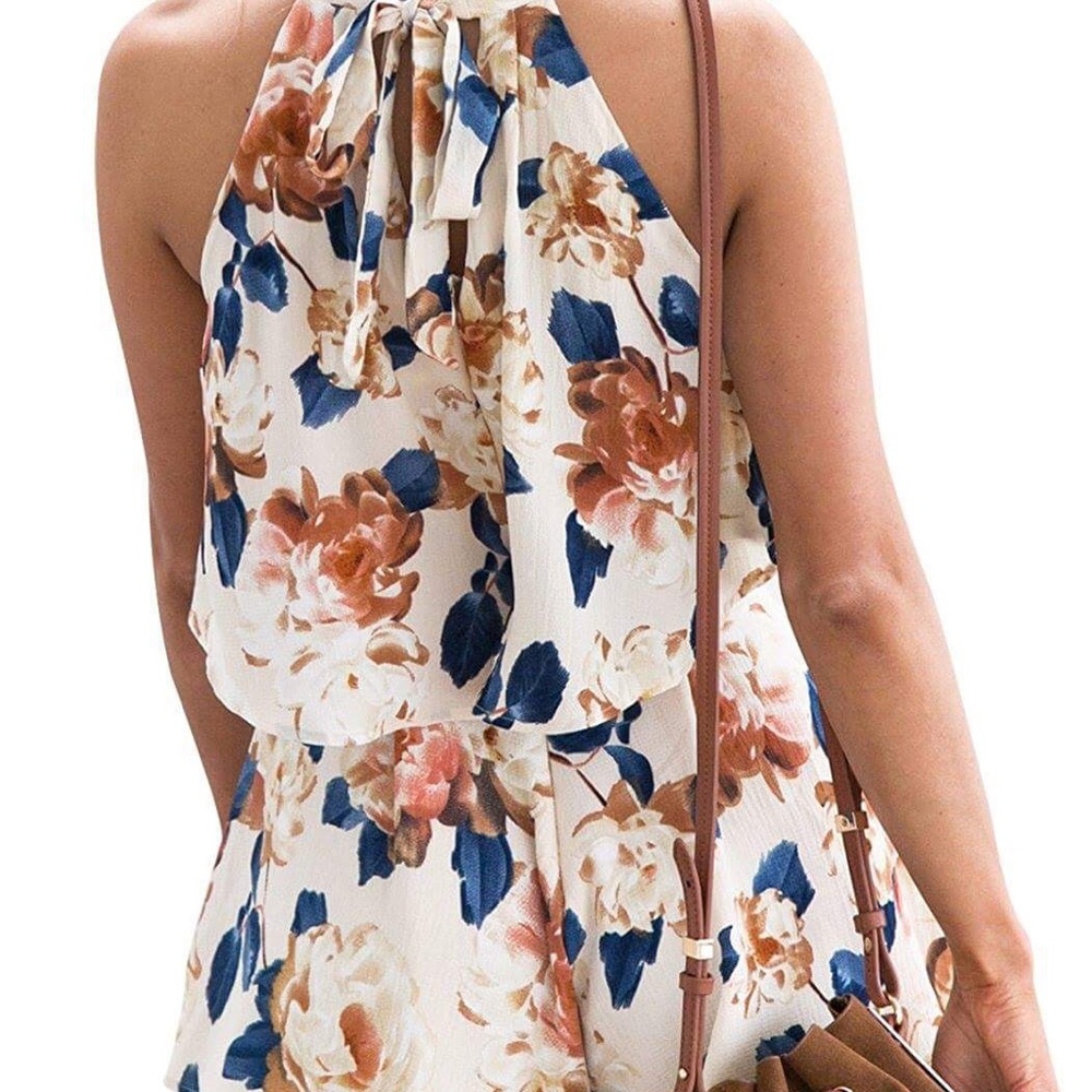 2 Pcs Women Halter Top Shorts Floral Short Rompers - Picture 3 of 4